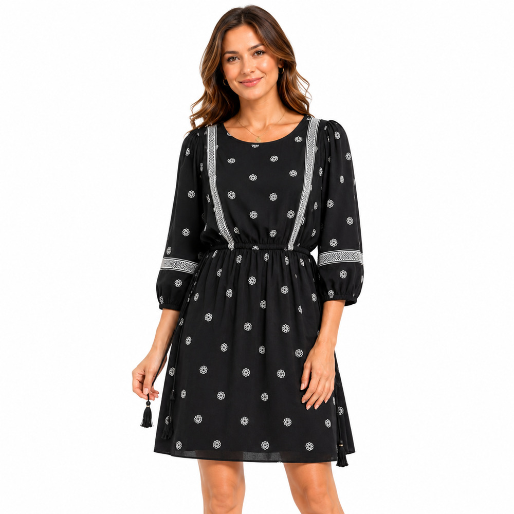 Ann Taylor Loft Womens Black White Print Embroidered Elastic Waist Dress sz M